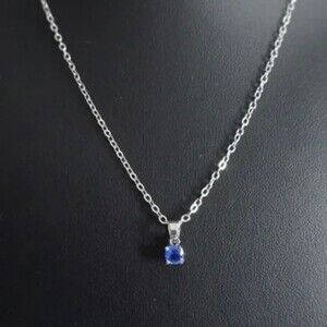 Square Blue Rhinestone Pendant Necklace Silver Tone
